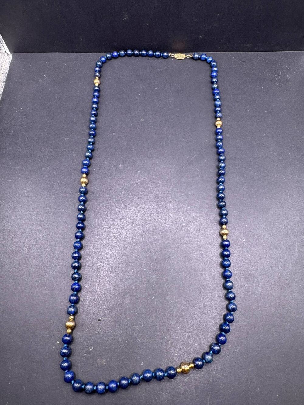 14k Yellow Gold Lapis Lazuli Bead Necklace 5.8mm Stones 27 Inch Long Fine